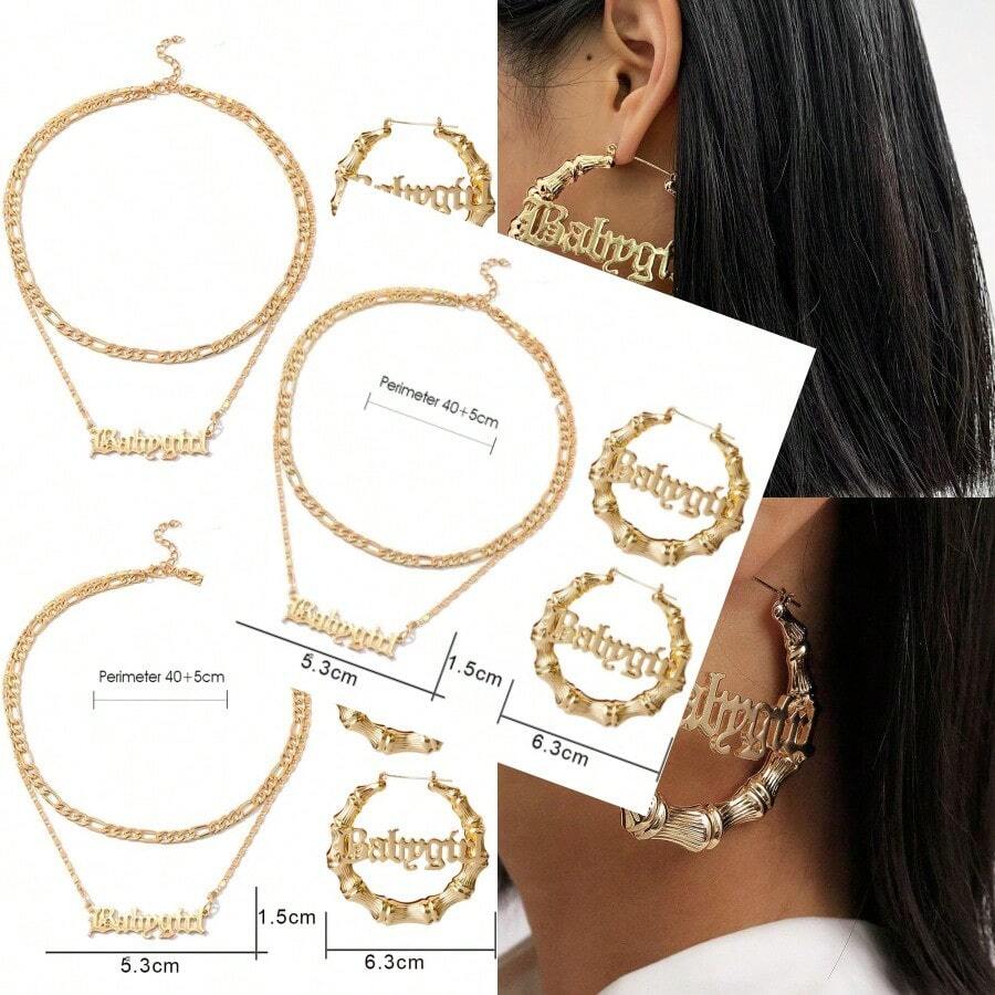 Hip Hop Bamboo Hoop Earrings For Women Stainless Steel Old English Letter Pendant Necklace 80s/90s Costume Accessory Party Jewelry Set - Alayer金色調 - 查看 1