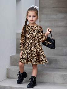 Đầm dài tay dáng chữ A thời trang, thanh lịch cho bé gái 4-8 tuổi, thắt nơ và họa tiết da báo, nhẹ, thoáng khí, thích hợp cho các hoạt động thường ngày, thăm hỏi, nghỉ mát, vui chơi công viên. Kích thước lớn hơn bình thường. - Cà phê - Xem 2
