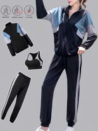 3pcs Women Sports Set, Zipper Splice Hoodie And Harem Pants, Outdoor Running Gym Workout Outfit
