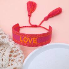 1 pieza Pulsera trenzada con borlas, bordada a mano con carta de amor, estilo bohemio - Rosa Fucsia - Ver 2