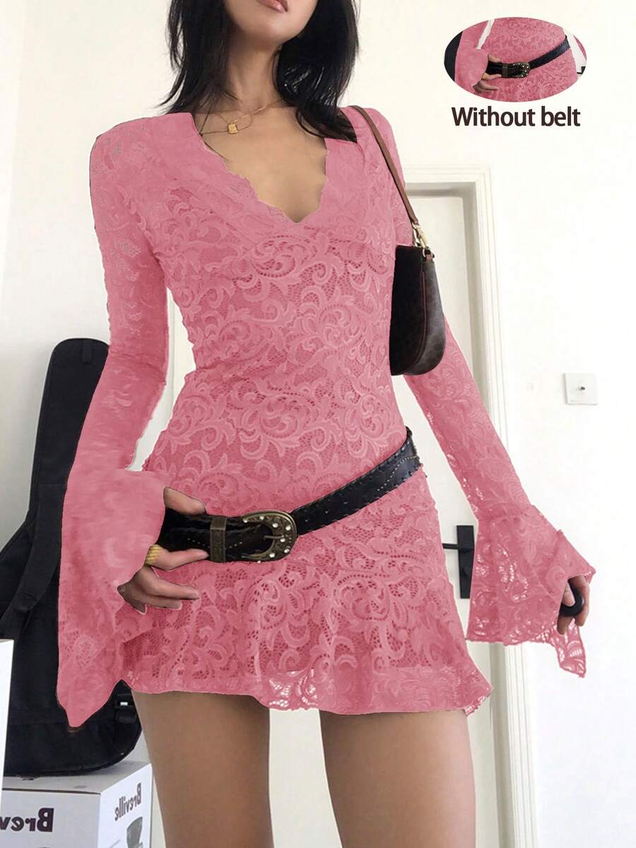 2件套女式蕾丝拼布喇叭袖连衣裙，春夏 - 粉色 - 查看 1
