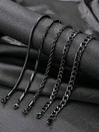 5 件男士不锈钢手链，黑色朋克风格珠宝，乔托弧形链，蛇形链，万圣节和新年礼物，日常佩戴