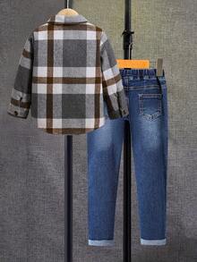 儿童格子衬衫牛仔裤套装（两件套），男童休闲格子衬衫搭配牛仔裤，经典款式 - 彩色 - 查看 2
