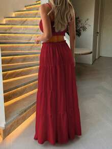 Look Polly 女士两件套，纯色无肩带吊带上衣和长裙，女装，返校季服装，秋季女装，教堂礼服，度假音乐节服装，休闲家居服套装，优雅女士套装，沙滩装，时尚系列，红色裙子 - 酒紅色 - 查看 3