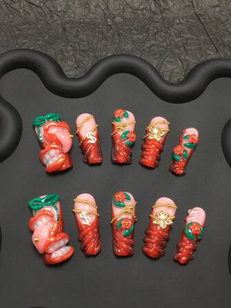 10 - Piece Set Of Hand - Made Square Press - On Nails, With Red As The Main Color, Integrating Three - Dimensional Designs Of Red Lips, Tongue And Teeth. It Is Decorated With Dollar Signs, Golden Bead Chains, Red Flowers And Green Leaves. The Style Is Exaggerated And Visually Striking