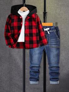 男童运动套装，复古格子图案，防皱连帽衫+多口袋工装牛仔裤，休闲儿童装，百搭单品 - 紅色 - 查看 1