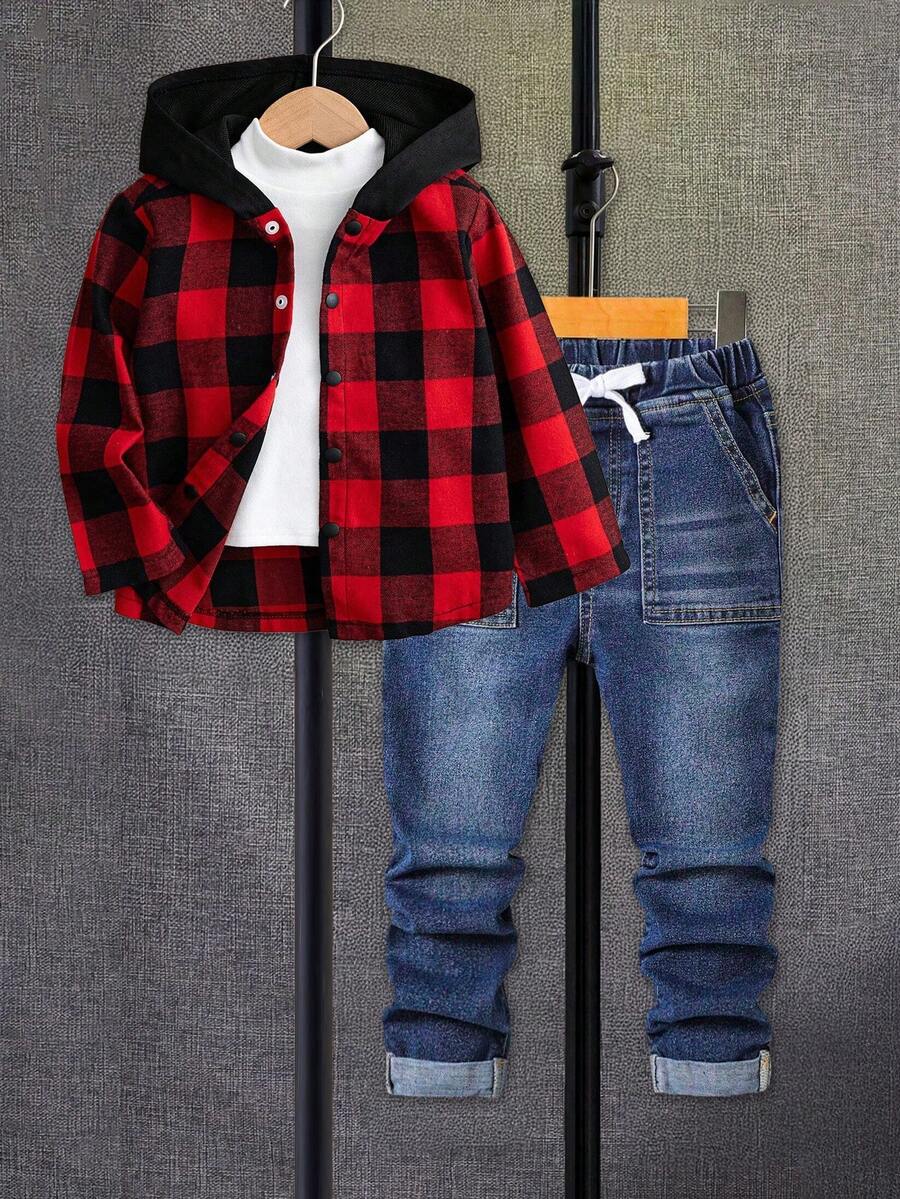 男童运动套装，复古格子图案，防皱连帽衫+多口袋工装牛仔裤，休闲儿童装，百搭单品 - 紅色 - 查看 1