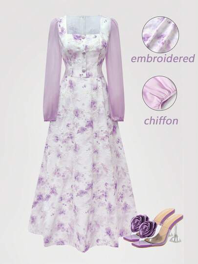 Women's Elegant Chiffon Long Sleeve Purple Embroidered Floral Print Dress, Suitable For Dates, Casual Wear, And Vacations