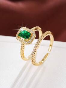 2pcs Gold-Plated Micro-Inlaid Cubic Zirconia Rings, Wedding, Engagement, Proposal Gift Jewelry