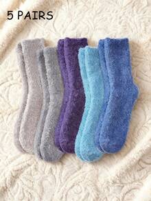 5双女士秋冬毛绒中筒袜，柔软不硬，舒适百搭，适合女士居家地板、拖鞋及其他特殊场合穿着，毛茸茸的袜子