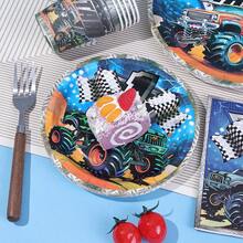 10/20/50 piezas, Juego de vajilla de cumpleaños de Monster Truck que incluye platos de papel, vasos y servilletas, platos desechables redondos de coches todoterreno, vajilla desechable de coches de carreras, platos con tema de camiones para fiestas de niños, pañuelos, vasos para decoraciones y suministros de fiestas de coches para niños