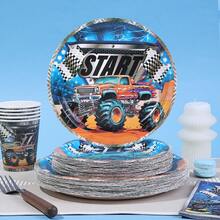 10/20/50 piezas, Juego de vajilla de cumpleaños de Monster Truck que incluye platos de papel, vasos y servilletas, platos desechables redondos de coches todoterreno, vajilla desechable de coches de carreras, platos con tema de camiones para fiestas de niños, pañuelos, vasos para decoraciones y suministros de fiestas de coches para niños