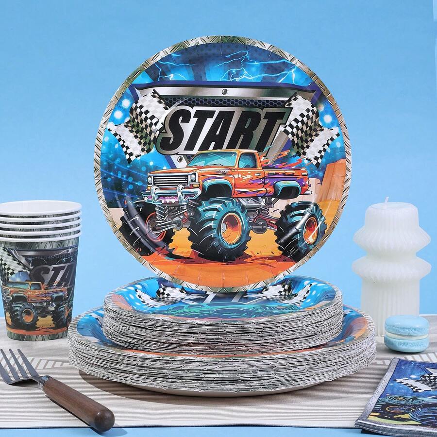 10/20/50 piezas, Juego de vajilla desechable para el primer cumpleaños de Monster Truck, platos de papel de 7 y 9 pulgadas con estampado de bandera a cuadros de carreras, vasos, servilletas, decoraciones de fiesta con tema de Monster Machines Jam para el primer cumpleaños, suministros para fiesta de Monster Jam Truck - Multicolor - Ver 1