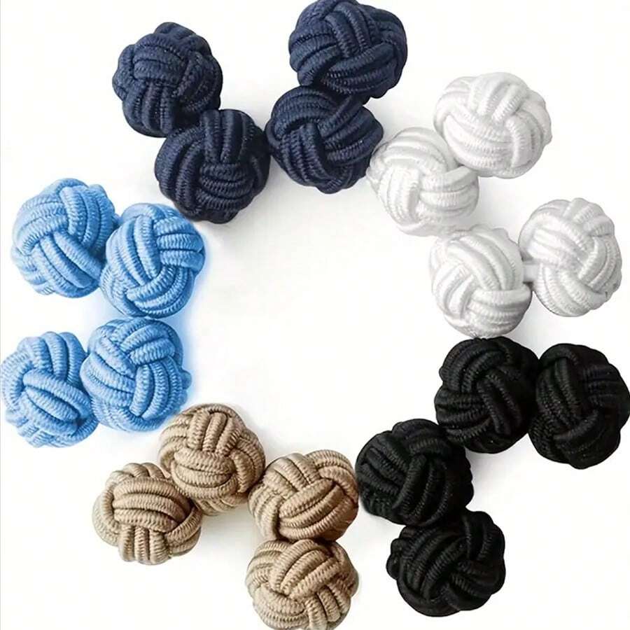 5 Pairs/Set Nylon Knot Fabric Cufflinks, Short Pattern, Classic Design, Suitable For Men And Women Shirts, Gift For Family And Friends, Work, Meeting, Daily Wear, Party And Festival, Black, Blue, White And Red Solid Colors