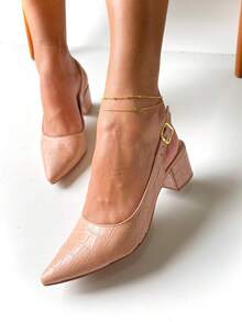 Elegant Block Heel Sandal With Pointed Toe And Crocodile Back Opening In Nude - Nude Croco - View 2