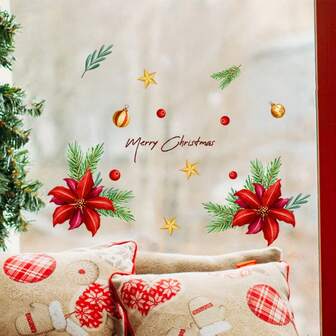 Christmas Window Clings Stickers - Star, Balls, Leaves & Poinsettia Self-Adhesive PVC Decals With "Merry Christmas" Phrase, Removable Film For Home, Office, Xmas Party Decor