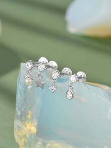 1 Piece S925 Sterling Silver Star & Water Drop Shaped Zirconia-Inlaid Flat-Head Threaded Nostril Piercing Stud, Suitable For Girls' Daily Wear And Party Occasions, And Also An Excellent Gift For Girlfriends, Mothers, And Sisters.