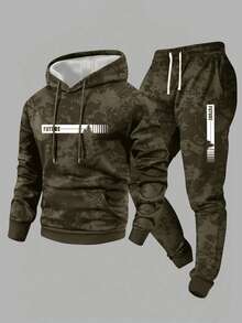 男士扎染休闲连帽衫和抽绳裤套装，个性化字母印花，松紧腰慢跑裤，适合街头服饰、城市漫步、户外运动、跑步、度假、露营 - 軍綠色 - 查看 1