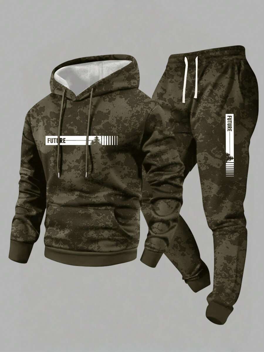 男士扎染休闲连帽衫和抽绳裤套装，个性化字母印花，松紧腰慢跑裤，适合街头服饰、城市漫步、户外运动、跑步、度假、露营 - 軍綠色 - 查看 1