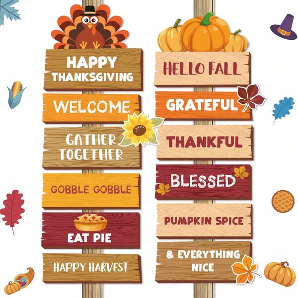 Complete Thanksgiving Decoration Set – Charming Paper Signs + Turkey And Pumpkin Toppers – Creates A Warm, Grateful Ambiance For Your Holiday Gathering. Perfect For Home, Dining Tables, Parties, Photo Walls, Mantels, And Harvest Displays.