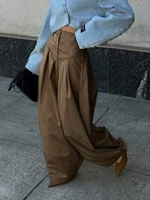 女士休闲高腰拉链前开衩裤，适合秋冬季通勤 - 深咖 - 查看 4