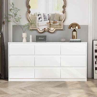 ECACAD 63" W 9-Drawer Dresser Chest Of Drawers, Modern Wood Drawer Chest Storage Organizer, No Handle Design For Bedroom Living Room Hallway