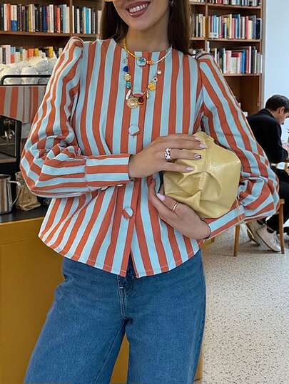 Camiseta de cuello redondo de uso diario para mujer, de manga larga, con rayas y contraste de color, de estilo minimalista y casual