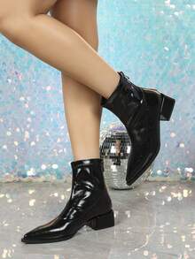 Fall/Winter Women's Black Ankle Boots, Chunky Heel Block Heel 5cm Slim Boots, Comfortable Chelsea Pointed Toe Boots, Fashion 2025 - Black - View 3