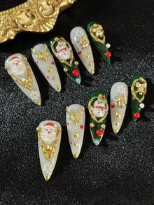 10 piezas de uñas postizas hechas a mano para Navidad, uñas postizas navideñas, uñas de forma cuadrada, con gemas brillantes y perlas, que incluyen adhesivo de gelatina y una lima de uñas