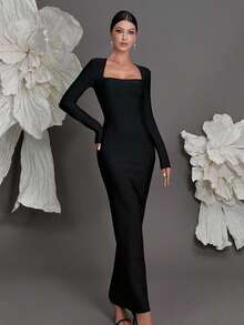 Long Sleeve Square Neck Bandage Knit Bodycon Dress, Luxury Sexy Fitted Party Cocktail Gown For Women - Black - View 3
