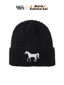 1 pieza Gorro de punto con bordado de caballo blanco para hombres, gorro unisex con forro polar cálido de estilo Y2K, gorra resistente al viento, regalo ideal para amigos y familiares, otoño/invierno