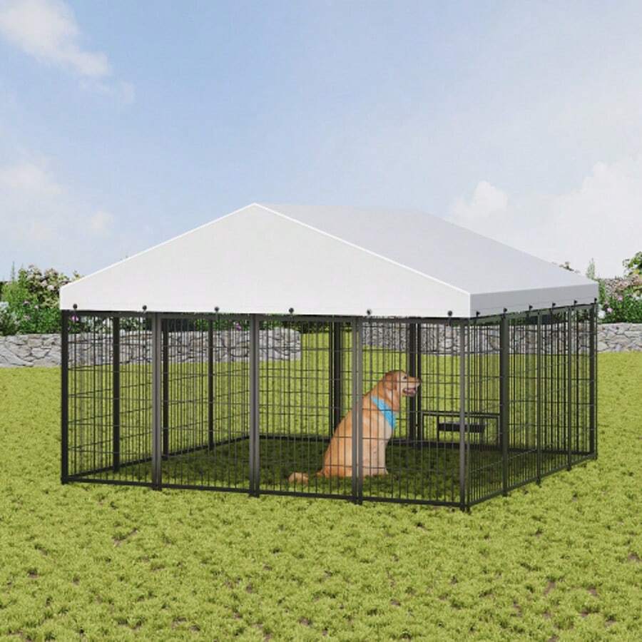 Large Dog Kennel Outdoor Pet Pens Dogs Run Enclosure Animal Hutch Metal Coop Fence With Roof Cover. 9.62'L X 9.35'W X 6.18'H - 黑色 - 查看 1
