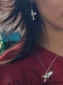 1pc Rhinestone Cross Necklace + 1 Pair Rhinestone Cross Earrings, Fashionable High-End Elegant Personalized Rhinestone Cross Pendant Jewelry Set, Suitable For Daily Wear, Vacation, Gifts