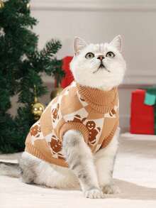 UFBemo 1 قطعة كنزة صوفية للحيوانات الأليفة، بنمط رجل الزنجبيل اللون الخاكي لملابس عيد الميلاد، قماش ناعم مناسب للقطط والكلاب الصغيرة/المتوسطة، دافئة وملائمة للشتاء
