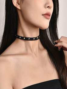 1pc Women's Sexy Punk Choker Necklace, Gothic Rockstar Black PU Leather Tassel Studded Collar Bondage Charm Party Jewelry Accessory - 黑色 - 查看 5