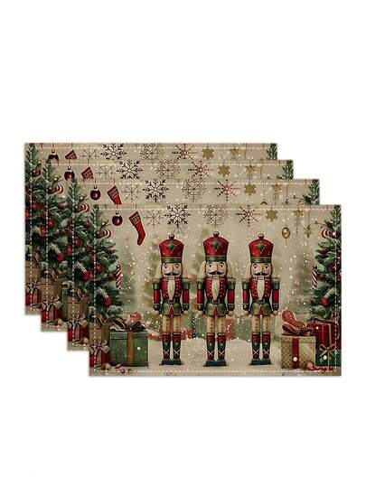 1/4/6/8/12 piezas, Manteles individuales de Soldado Cascanueces de Navidad - 12.6x16.54 pulgadas para comidas navideñas, lavar a mano solamente, manteles rectangulares tejidos de lino con diseño de árbol de Navidad y Cascanueces para decoración del hogar, cocina y fiestas