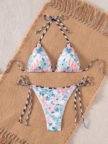 Bộ bikini in hoa dành cho nữ, áo tắm dây buộc bên hông dễ thương, thiết kế dây buộc có thể điều chỉnh, chất liệu vải co giãn cao. - trắng - Xem 2