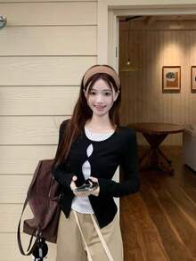 甜美火辣女孩镂空长袖T恤，新款波点打底衫，修身款黑色春季上衣 - 黑色 - 查看 5