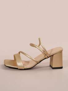 French Square Toe Strap Elegant Fairy Style Chunky Heel Slide Sandals, Suitable For Dates, Shopping, Commuting, Business, Gatherings, Parties, Vacations, Fashionable, Versatile, Comfortable - Gold - View 6