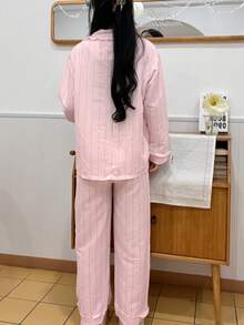2pcs Women Pajama Set, Pink Vertical Striped Lapel Top With Frill Trim, Comfortable Pants, Suitable For Home & Leisure, All Seasons - Pink - View 6
