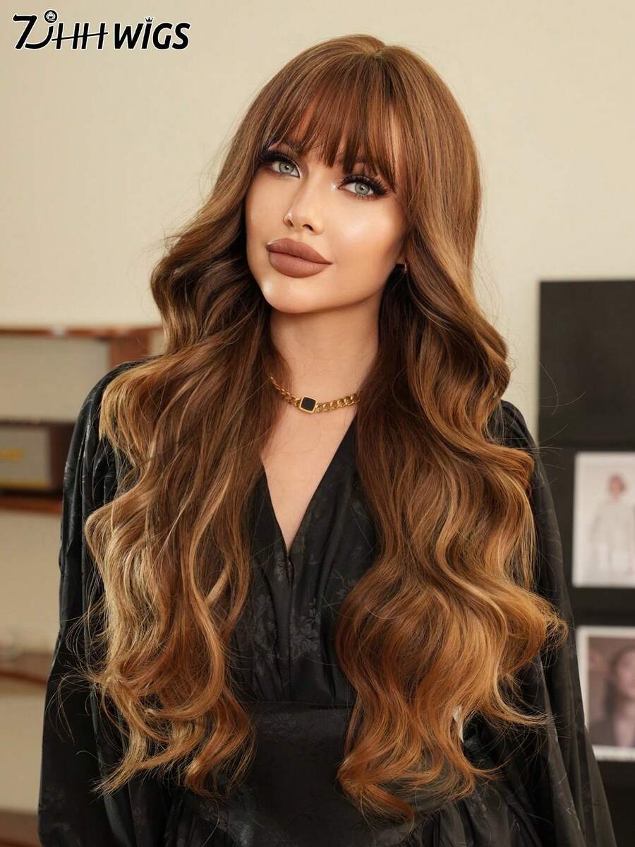 7JHH WIGS Tóc giả dài gợn sóng buông xõa màu vàng highlight có mái, tóc tổng hợp tự nhiên, chịu nhiệt, tóc giả uốn xoăn toàn thân màu vàng hoe dành cho nữ, sử dụng hàng ngày trong tiệc tùng, dài 30 inch
