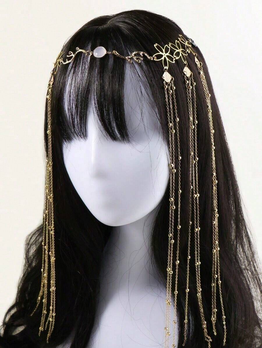 Tassel Charm Flower Decor Hair Clip With Chain Party Bow Carnival Head Jewelry Head Pieces Jewelry, School Stuff, Jewellery For Women - Vàng - Xem 1