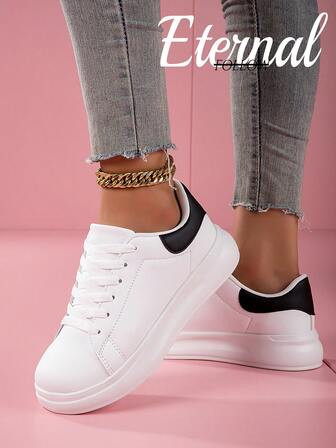 White Platform Shoes With Black Heel, Personalized Classic Low-Top Soft Bottom Lightweight Comfortable Round Toe Lace-Up Casual Sneakers For Women, Suitable For Daily Commute, Work, Travel, Dating, Versatile And Fashionable Skateboard Shoes, Great Gift For Year-End Celebration, Christmas And New Year