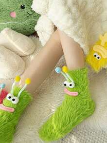 1 双青少年纯色羊毛休闲袜，尺码 38-43，可爱毛绒保暖袜，适合女孩室内/室外秋冬