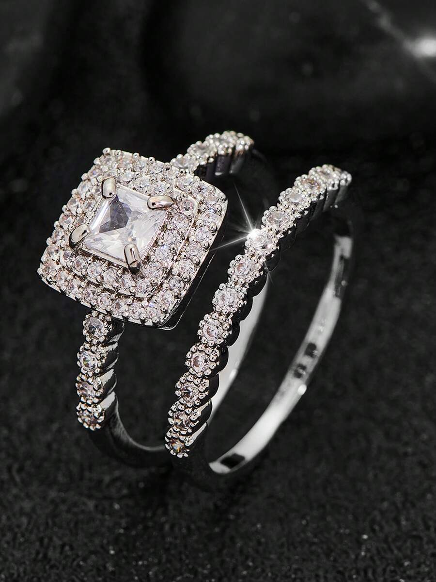 2pcs Luxury Fashion Women's Ring Set, Inlaid With Sparkling White Synthetic Cubic Zirconia, Multi-Element Design, Women's Wedding Engagement Fine Jewelry, Elegant Party & Wedding Accessories, Romantic Gift