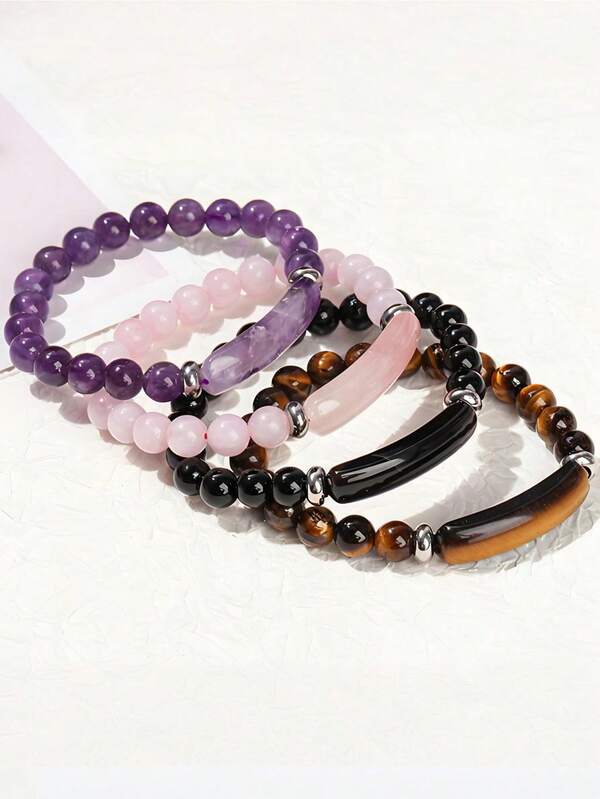 1 Stück elegantes, natürliches Edelstein-Perlen-Dehnarmband - Rosenquarz, Schwarzer Achat, Tigerauge, Amethyst, handgefertigter Schmuck für den täglichen Gebrauch und als Muttertagsgeschenk, Accessoire für alle Jahreszeiten