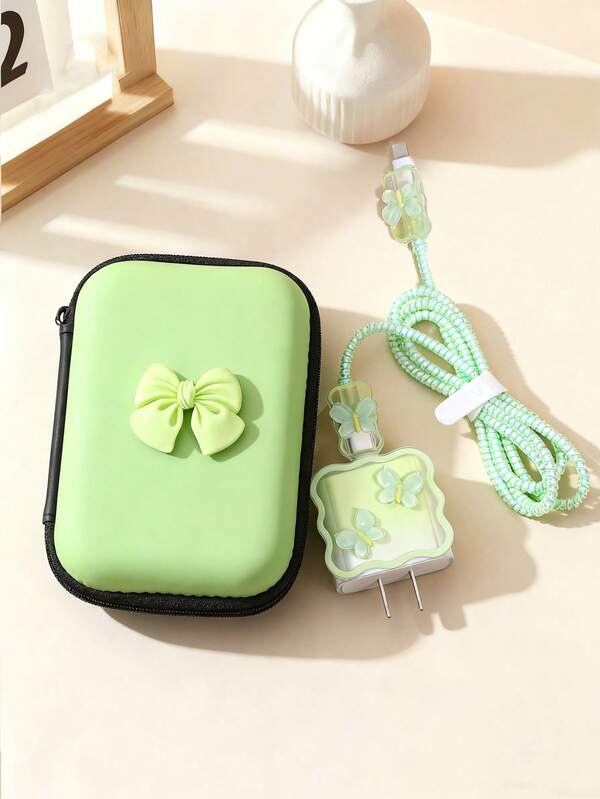 1.5m Green Butterfly Cable Organizer With 6pcs Set, Including TPU Charging Head Protector, SuitablCompatible With Applele 20W Fast Charging Cable