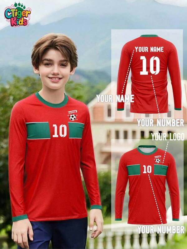 1 szt. Dziecięca koszulka piłkarska z długim rękawem: Spersonalizuj swoimi szczegółami, z żywym czerwono-zielonym wzorem, idealna dla drużyn i fanów kochających Maroko, szybkoschnąca i oddychająca, inspirowana piłką nożną, siatkówką, koszykówką, odzieżą codzienną, prezentami na Halloween, Święto Dziękczynienia, Boże Narodzenie i Nowy Rok
