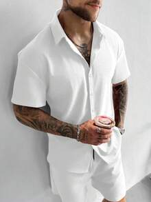 Conjunto informal de 2 piezas de unicolor con textura para hombre GloMan, con camisa de manga corta holgada con pliegue y pantalones cortos con cordón, para calle, diario, reunión, blanco - Blanco - Ver 4