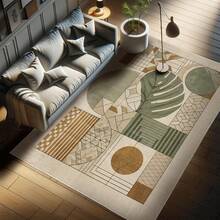 Retro Mid Century Abstract Pattern Rug On Ivory Background, Dark Orange And Reseda Green, 4' X 5' 5", Ideal For Bedroom, Dorm And Living Room - 譚薑和月桂綠 - 查看 5